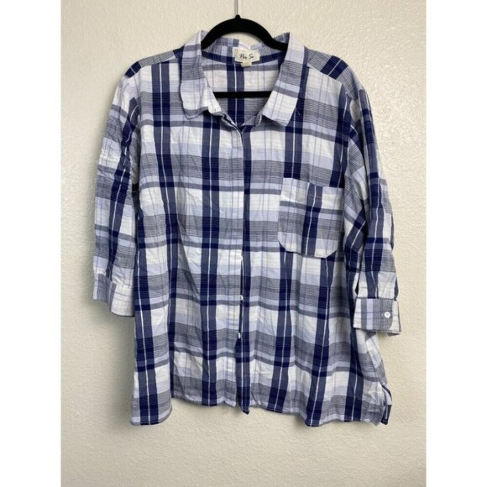 Per Se Shirt Top Plus Size 2X Blue Plaid Cotton Blend Western Button 3/4 Sleeve